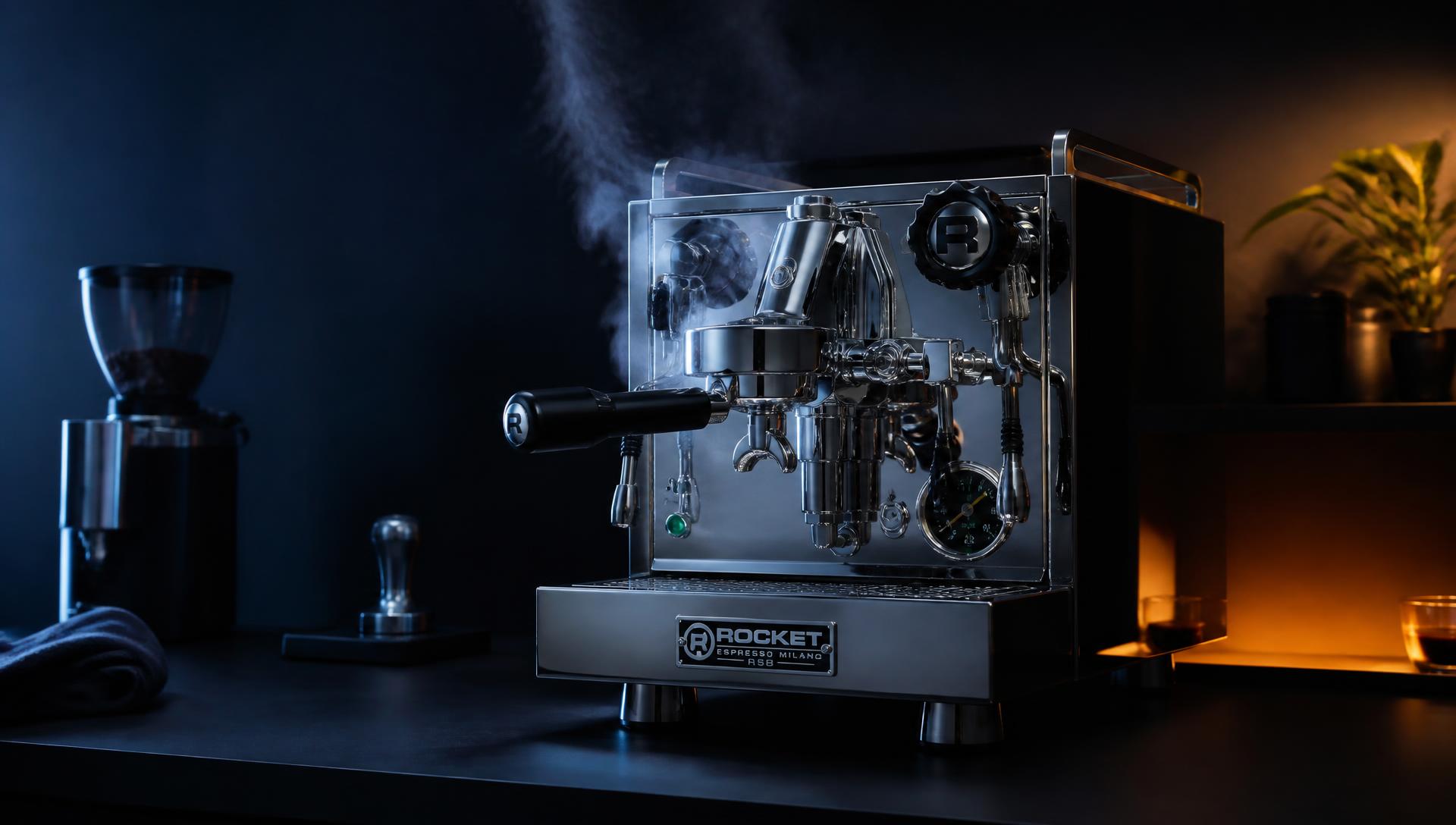 Rocket R58 espressomaskin med ånga stigande ur portafiltern